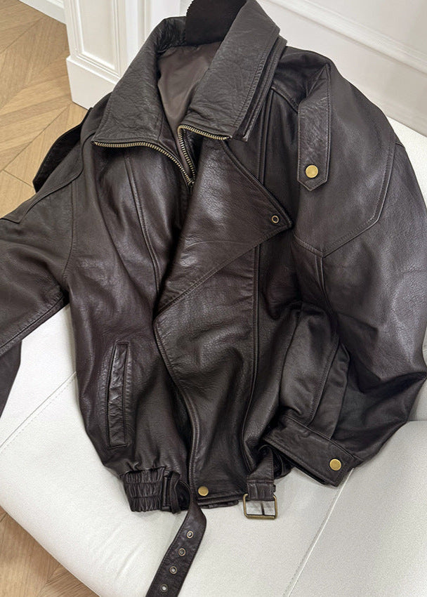 Sarah | Women’s Belted Oversized Leather Bomber Jacket