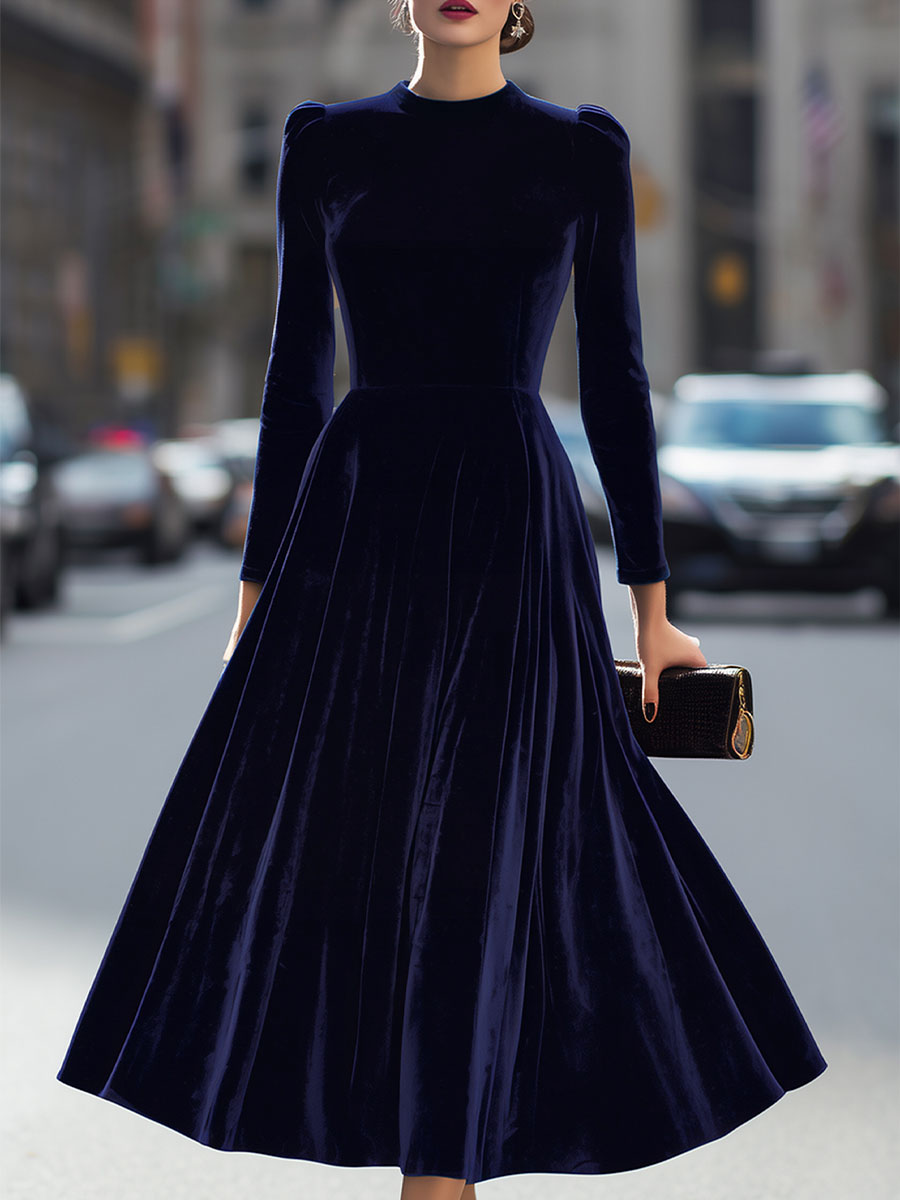 Elissa | Navy Blue Long-Sleeve Midi Dress