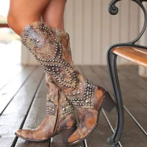 Alyssa | Women’s Studded Cowboy Boots with Chunky Heel