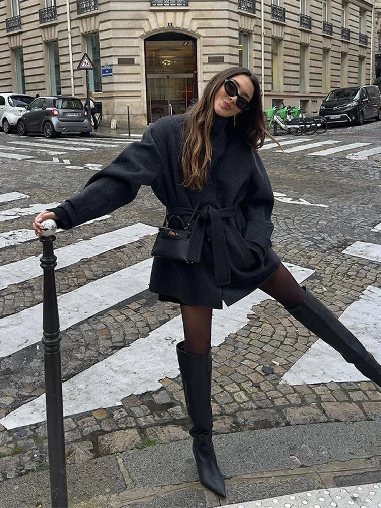 Anna | Women’s Winter Belted Stand Collar Short Coat