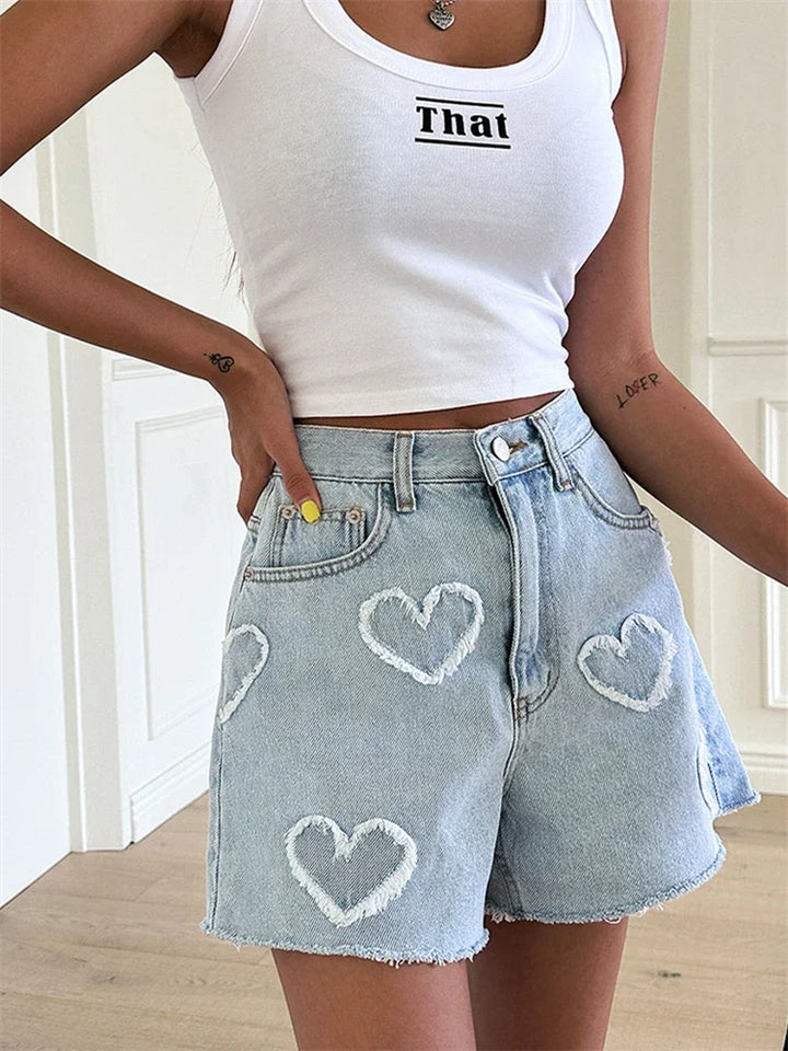 Sylvia | Heart Print Denim Shorts